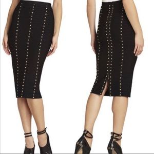Herve Leger Black Sia Midi Bandaged Skirt with Gun Metal and Bronze Studs